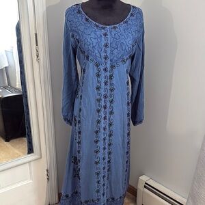 Casual Blue Scoop Neck Bishop Sleeve Gown